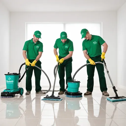 Prompt: I want to design a picture for a cleaning company named Diamond clean that shows 3 men using a tile polisher and other stuff to clean the floor, and next to them is a variety of floor and surface cleaners materials. The background is white and green, and the name of the company is shows on labours shirts and caps and floor