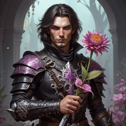 Prompt: A D@D human warlock in leather armor with dagger, and he hold a magical flower in hand
