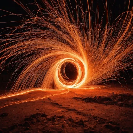 Prompt: Steel wool, vibrant sparks, long exposure photography, high quality, digital art, fiery orange tones, dramatic lighting, dynamic composition, intense energy