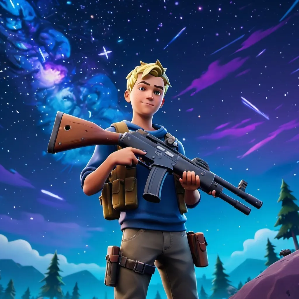 Prompt: a starry night background with a fortnite shotgun held by a boy