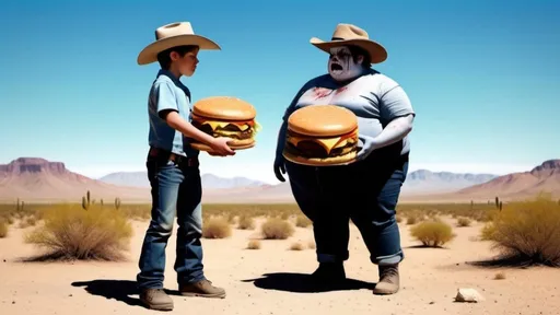 Prompt: Create a picture of two young boys facing each other in a desert landscape. Like a cowboy duel. The boy on the left is morbidly obese and holds a huge hamburger. The boy on the right is dying from hunger.  He looks like a skeletic zombie.