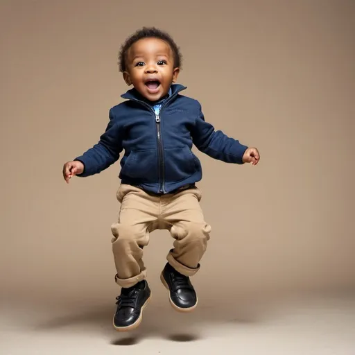 Prompt: A little black boy about 2 years old jumping for joy wearing his favorite shoes that are visibly too small for him 