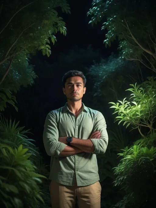 Prompt: man standing confidently in front of a lush green bush at night, (arms crossed), wearing casual attire, (moody atmosphere), cool tones highlighting shadows, (dramatic lighting), nighttime setting, intricate details of the bush, (4K ultra-detailed), captures the essence of contemplation and stillness, softly glowing background to enhance mystery.