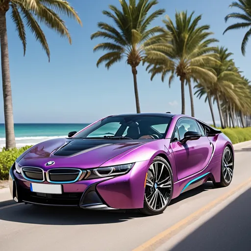 Prompt: Bmw i8 in purple with palm trees by the side of the road next to a beach in color wash purple 4k HD