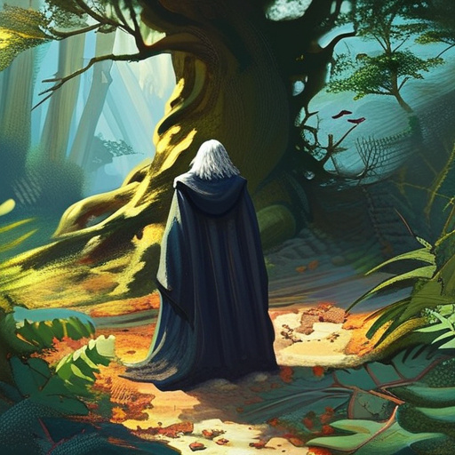 Prompt: A Lush forest. A wizard stands beneath a large tree in the center. His back is turned.