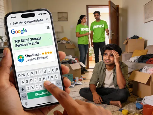 Prompt: A young Indian person sits on the floor in a cluttered living room, surrounded by half-opened boxes, scattered household items, and piles of belongings. Their face shows stress and confusion. They hold their forehead, muttering silently:

“Where do I store all this safely?”

The atmosphere feels heavy — subtle tension in their eyes, anxious fingers tapping on a box, deep exhale.

CLOSE-UP – THEIR PHONE

They type into Google:
“Safe storage service India”
or
“Best safe storage with high reviews”

A generic search results screen appears — no real UI — just simplified blocks of text showing:

Top Rated Storage Services in India

StowNest – ★★★★★ (Highest Reviews)
[Generic placement of your attached logo here]

The person’s eyes widen with relief. Their shoulders relax. A small hopeful smile forms.

They tap on StowNest.

CUT TO – DOOR OPENING

The StowNest team arrives — Indian staff in matching bright green T-shirts with “STOWNEST” printed in white.

They greet politely, confident and calm.