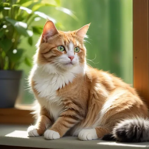 Prompt: (cat), playful and curious feline, vibrant fur coat, lush green background, natural light softly illuminating the scene, friendly expression with sparkling eyes, lounging comfortably on a sunlit windowsill, lively atmosphere, captures the essence of a cozy indoor mood, ultra-detailed, 4K quality.