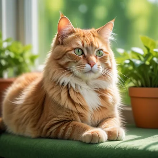 Prompt: (cat), playful and curious feline, vibrant fur coat, lush green background, natural light softly illuminating the scene, friendly expression with sparkling eyes, lounging comfortably on a sunlit windowsill, lively atmosphere, captures the essence of a cozy indoor mood, ultra-detailed, 4K quality.