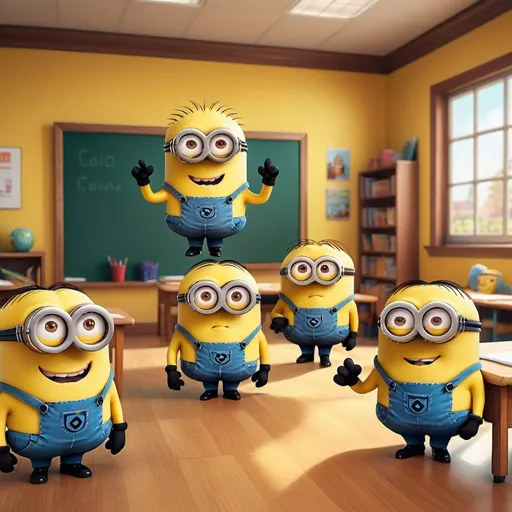 Prompt: (minions as teachers), cheerful classroom setting, warm colors, (humorous atmosphere), engaging expressions, varied outfits inspired by teaching themes, educational props like books and chalkboards, playful and vibrant, cozy background with desks and colorful posters, ultra-detailed, high-quality 4K.