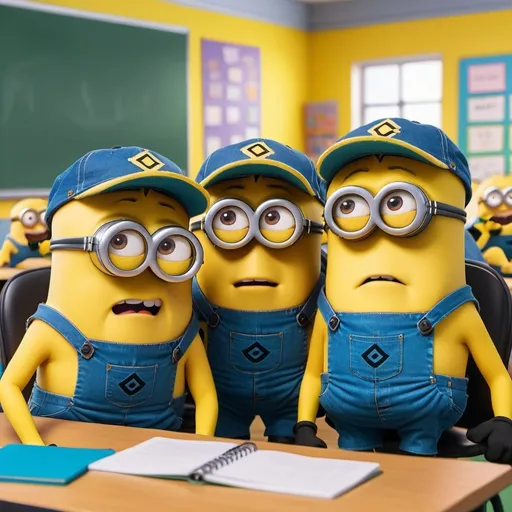 Prompt: 3 minions as teachers with sad faces working hard on a computer 
in a cheerful classroom setting,  (humorous atmosphere), engaging expressions, outfits inspired by Sycamore Community SChools in cincinnati ohio, with educational props like books and chalkboards, playful and vibrant, cozy background with desks and colorful posters, ultra-detailed, high-quality 4K. wearing sycamore community schools  hat or clothes