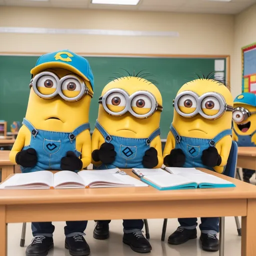 Prompt: 3 minions as teachers with sad faces working hard in a cheerful classroom setting,  (humorous atmosphere), engaging expressions, outfits inspired by Sycamore Community SChools in cincinnati ohio, with educational props like books and chalkboards, playful and vibrant, cozy background with desks and colorful posters, ultra-detailed, high-quality 4K. wearing sycamore community schools  hat or clothes