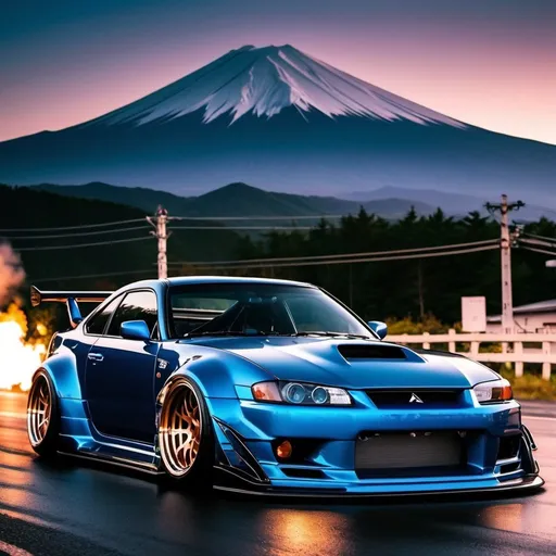 Prompt: imagine you are on mount fuji japan and in front of you you see five jdm cars with rocket bunny bodykits and very powerful engines with carbon hoods and neon lights imagine you see that at night and the jdm cars are very beautiful