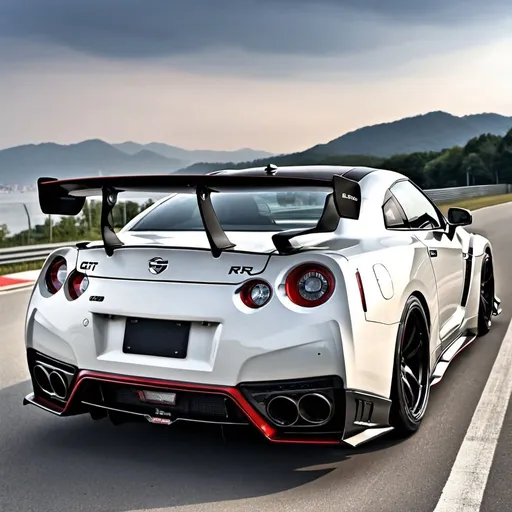 Prompt: imagine you are in front of a GT-R r35 Nismo with a carbon hood with nitro and cool rims with a very nice view from behind