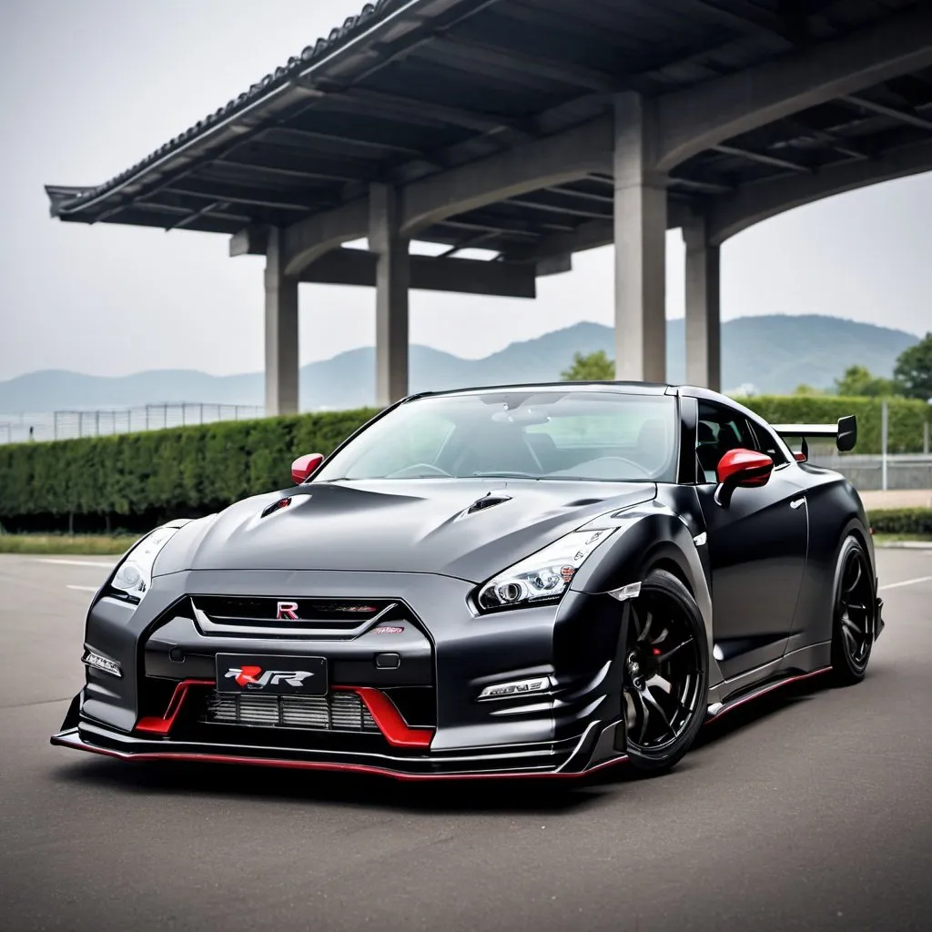 Prompt: imagine you are in front of a GT-R r35 Nismo with a carbon hood with nitro and cool rims with a very nice view from behind