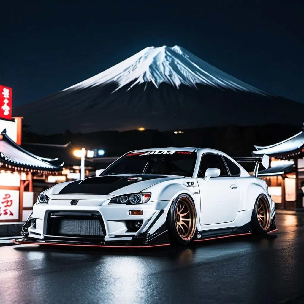 Prompt: imagine you are on mount fuji japan and in front of you you see 5 jdm cars with rocket bunny bodykits and very powerful engines with carbon hoods and neon lights imagine you see that at night and the jdm cars are very beautiful