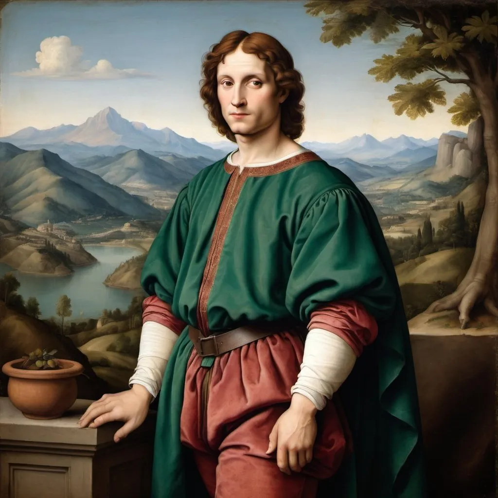 Prompt: A painted portrait of a man in the style of Italian Renaissance painter Raphael  full body with mountains in the background."