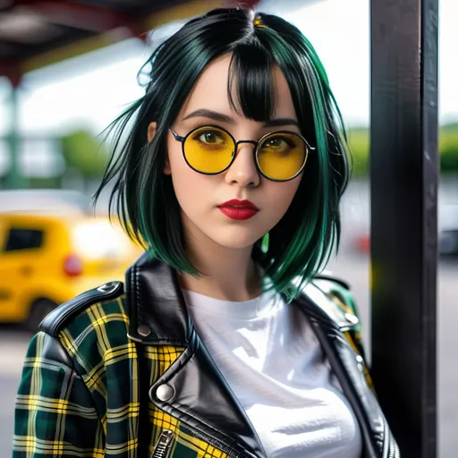 Prompt: Intere figure vertical portrait nice young girl with yellow eyes, round black clear glasses and totally dyed dark green hair middle long, dreamy eyes, ultra realistic style, white t-shirt and black leather jacket and a goth white and black tartan skirt, in a cute pose. Ultra high quality, 8k