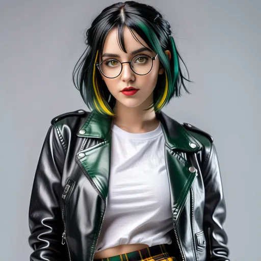 Prompt: Intere figure vertical portrait nice young girl with yellow eyes, round black clear glasses and totally dyed dark green hair middle long, dreamy eyes, ultra realistic style, white t-shirt and black leather jacket and a goth white and black tartan skirt, in a cute pose. Ultra high quality, 8k