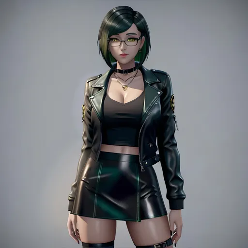 Prompt: Intere vertical 9:16 figure, nice young girl with yellow eyes, round black clear glasses and completely dyed dark green middle short hair, dreamy eyes, the sims 4 girl style, wearing leather jacket, a top, goth tartan miniskirt, strike in a cute pose. Ultra high quality, 8k