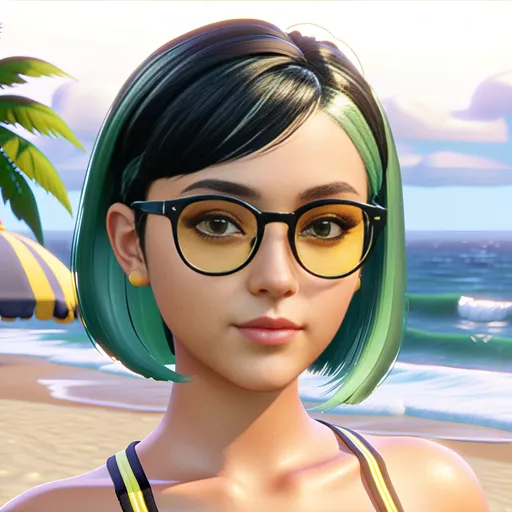 Prompt: Intere body vertical 9:16 figure, nice young girl with yellow eyes, round black clear glasses and completely dyed dark green middle short hair, dreamy eyes, the sims 4 girl style, wearing two micropieces little beach costume, strike in a flirty pose. Ultra high quality, 8k