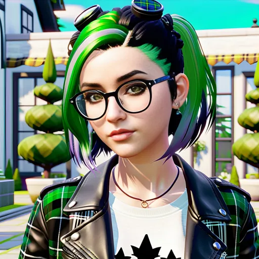 Prompt: Nice young girl with yellow eyes round black glasses and green hair middle long, dreamy eyes, look alike the sims 4 style, white t-shirt and black leather jacket and a goth white and black tartan skirt, in a cute pose. 