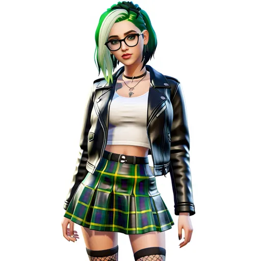 Prompt: Nice young girl with yellow eyes round black glasses and green hair middle long, dreamy eyes, look alike the sims 4 style, white t-shirt and black leather jacket and a goth white and black tartan skirt, in a cute pose. 