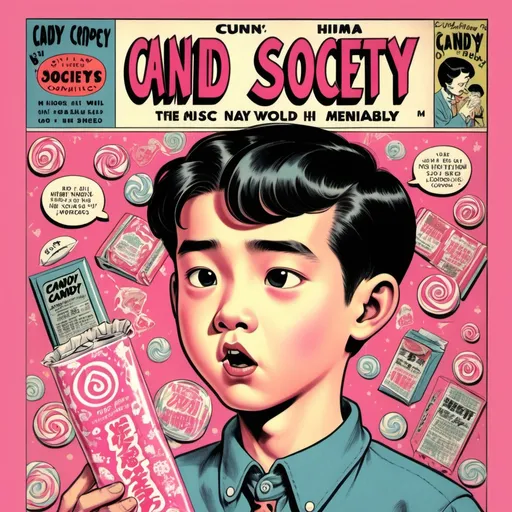 Prompt: Style: Old-time comics and creepy I want to make a music compilation. The title is called Candy Society. The background is in a pink candy world. A boy looks like he will very collapse due to mental instability. He is holding a candy wrapper.he look like a Asian.more creepy!!