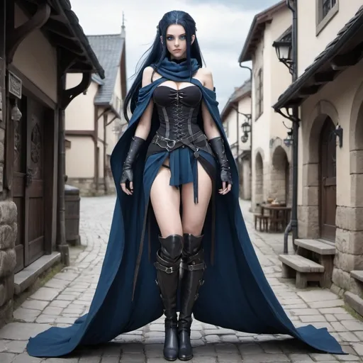 Prompt: An anime style, full body shot of a beautiful blue skinned woman with long dark blue hair tied back in a ponytail, white eyes, long nails, wearing a flowing black cloak, breastplate, bracers, greaves and thigh boots, on a medieval town street