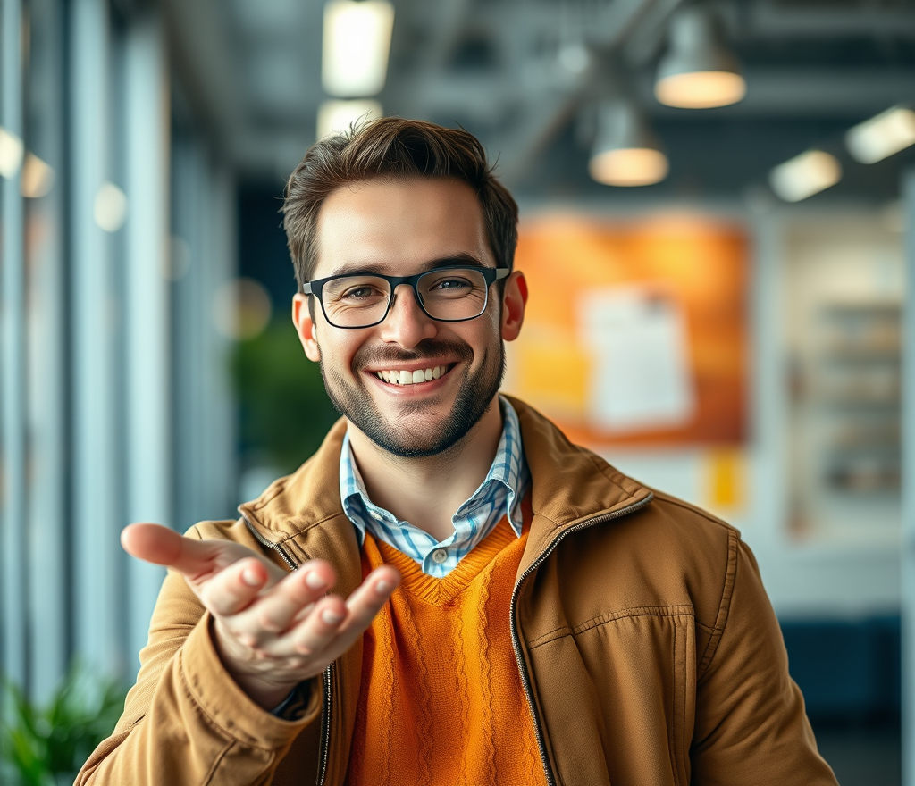 Prompt: Detailed business commercial marketing photo, a man smiling and offering support, highly-detailed, photorealistic, realistic