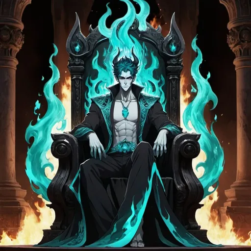 Prompt: handsome anime Hades with Teal flames sitting on a throne