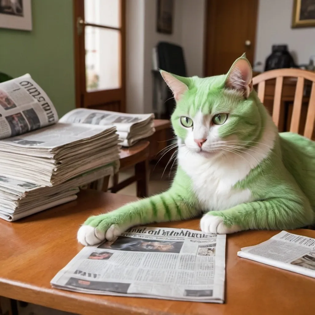 Prompt: light green cat with white belly and paws with big green eyes setting on to of a table next to her owner and trying to get he's attention but the owner is reading a newspaper