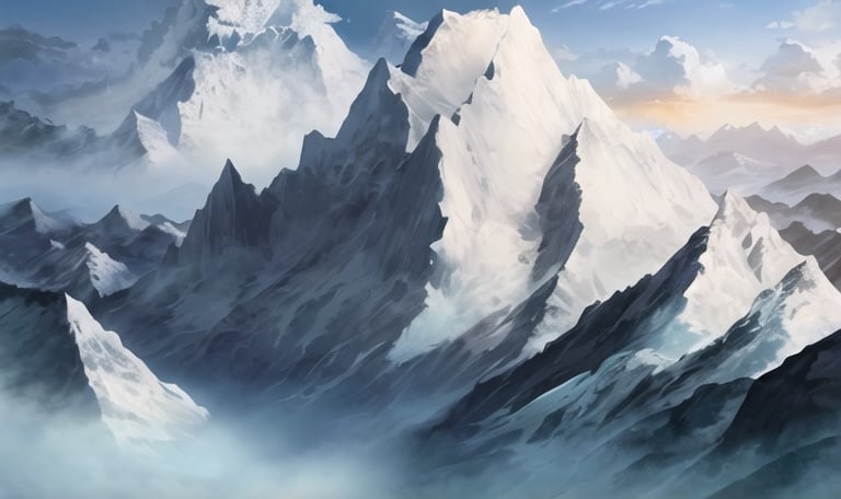 Prompt: a massive snowy mountain range in a mystical world with clouds rolling over the top of the mountains 