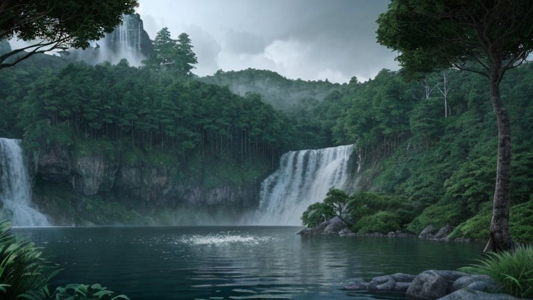 Prompt: Create a majestic scene featuring a colossal waterfall cascading into a vast, serene lake below. Surround the waterfall with lush vegetation. Capture the power and tranquility of the flowing water as it merges with the calm surface of the lake, inviting viewers to immerse themselves in the awe-inspiring spectacle of nature, high-detailed 3D rendering, 4k, ultra hd, mystical atmosphere, atmospheric lighting, realistic trees.
