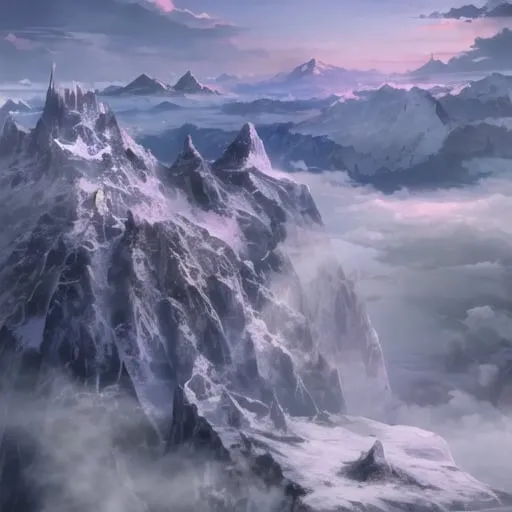 Prompt: a massive snowy mountain range in a mystical world with clouds rolling over the top of the mountains 