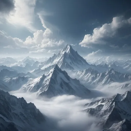 Prompt: Massive snowy mountain range in a mystical world, clouds rolling over the mountaintops, high-detailed 3D rendering, fantasy, cool tones, mystical atmosphere, ethereal clouds, snow-capped peaks, atmospheric lighting