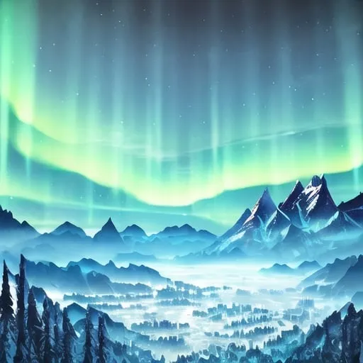Prompt: Massive spring mountain range in a mystical world, clouds rolling over the mountaintops, high-detailed 3D rendering, fantasy, cool tones, mystical atmosphere, ethereal clouds,
 atmospheric lighting, aurora borealis