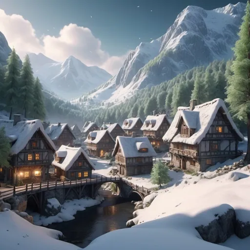 Prompt: an old snowy village deep in the forest surrounded by beautiful mountainous terrain, high-detailed 3D rendering, 4k, ultra hd, mystical atmosphere, atmospheric lighting, realistic trees, non repeating disign
