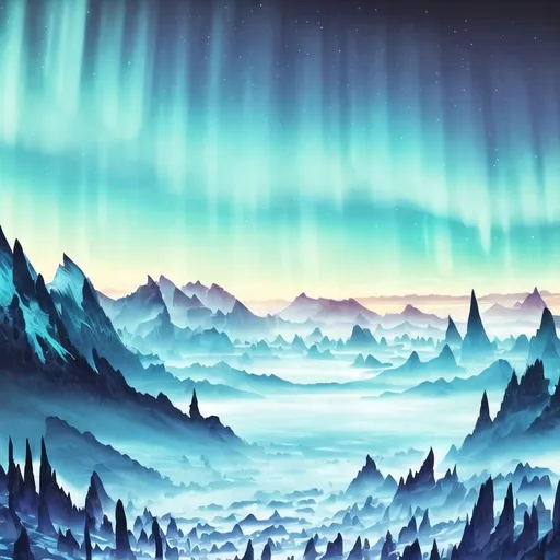 Prompt: Massive mountain range in a mystical world, clouds rolling over the mountaintops, high-detailed 3D rendering, fantasy, cool tones, mystical atmosphere, ethereal clouds,
 atmospheric lighting, aurora borealis, bright colors