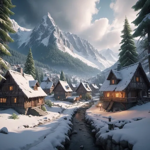 Prompt: an old snowy village deep in the forest surrounded by beautiful mountainous terrain, high-detailed 3D rendering, 4k, ultra hd, mystical atmosphere, atmospheric lighting, realistic trees, non repeating design
