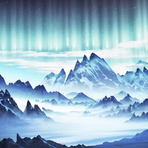 Prompt: Massive mountain range in a mystical world, clouds rolling over the mountaintops, high-detailed 3D rendering, fantasy, cool tones, mystical atmosphere, ethereal clouds, snow-capped peaks, atmospheric lighting, aurora borealis
