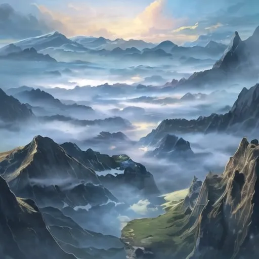 Prompt: a massive mountain range in a mystical world with clouds rolling over the top of the mountains