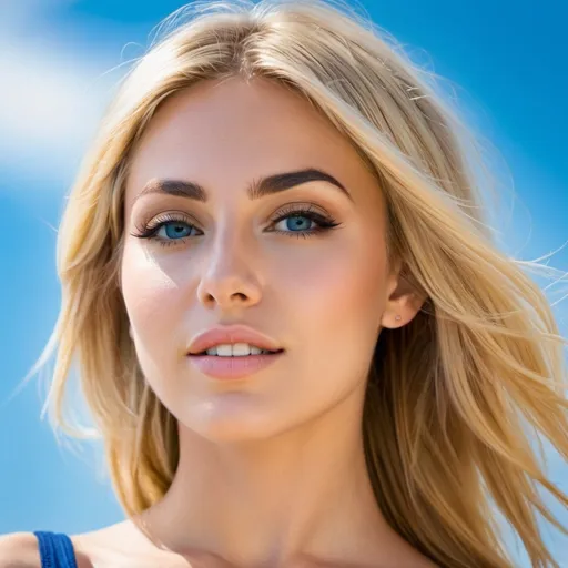 Prompt: high resolution, bright colors , blue sky,modeling ,low shot , a woman is modeling ,blonde hair, alluring charm, beauty, flawless perfection, soft features, Italy, short tight clothes