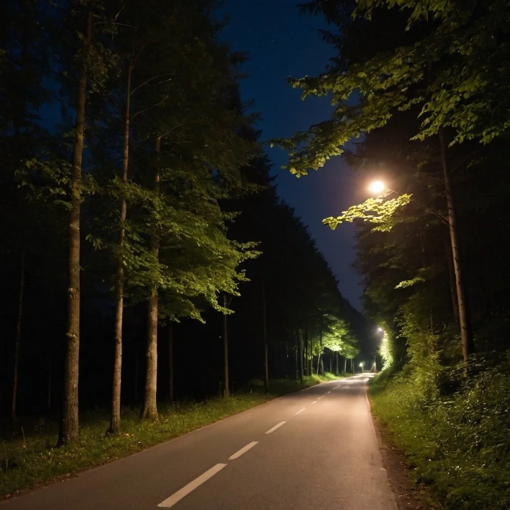 Prompt: Ländliche Straße im Wald bei Nacht 