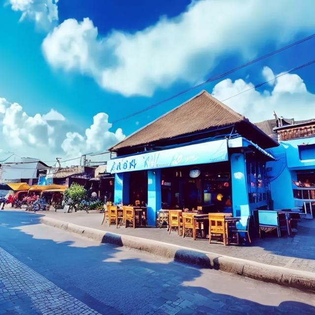 Prompt: A small Hadouk restaurant, a blue sky with beautiful clouds, and a clean street