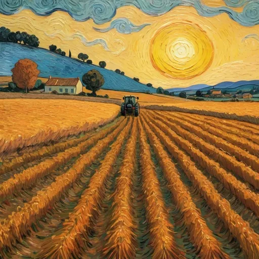 Prompt: An autumnal field being harvested in the sunset. In the style of Van Gogh.