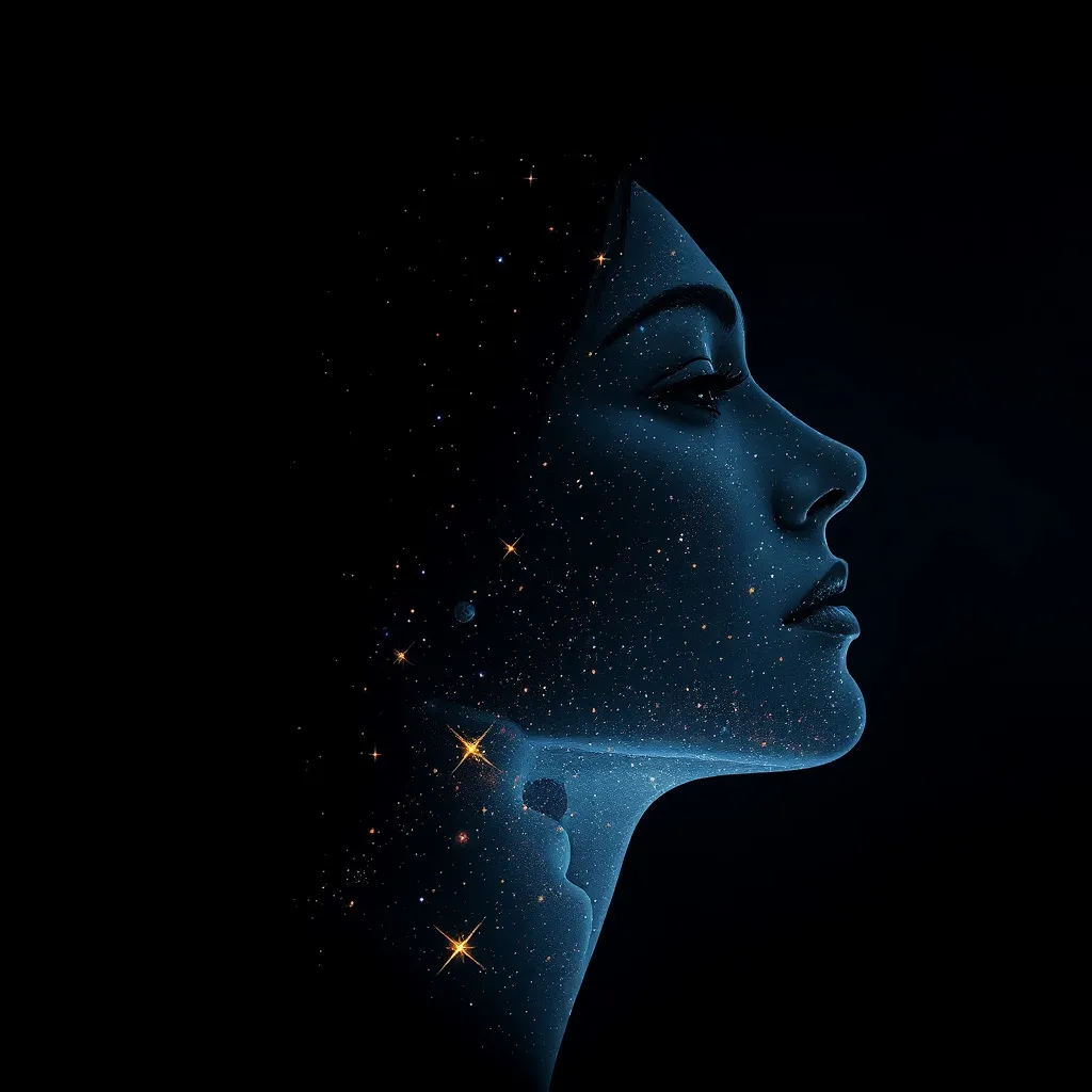 Prompt: Side profile of a woman's face, translucent and made of stars and galaxies. Ethereal. Dark nights sky.