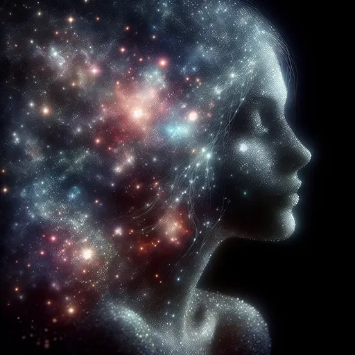 Prompt: Side profile of a woman's face (translucent and made of stars and galaxies). Ethereal. Dark nights sky.