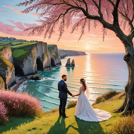 Prompt: Wide angle, zoomed out shot, (breathtaking scene of a bride and groom, both with dark brown hair), under a (lush willow tree), gazing at the (stunning sea cliffs of Cornwall), vibrant summer sunset casting (golden hues and soft pinks), in the style of ((Van Gogh)), adding a touch of romance and emotion, vibrant colors, (oil painting), capturing the essence of a perfect moment.