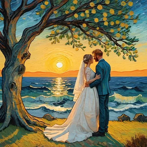 Prompt: A bride and groom stand under a tree looking out at the sea, a summer sunset. In the style of Van Gogh.