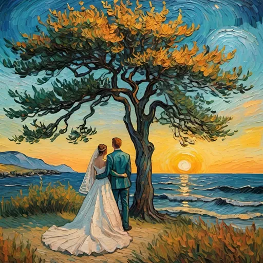 Prompt: A bride and groom stand under a tree looking out at the sea, a summer sunset. In the style of Van Gogh.